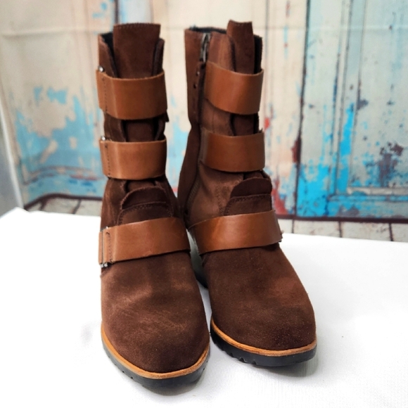 Sorel After Hours Suede Wedge Booties Brown Ankle Leather Straps - Picture 3 of 8